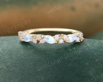 Marquise cut Moonstone wedding band Vintage Yellow gold Half eternity Opal wedding ring art deco stacking matching band promise ring