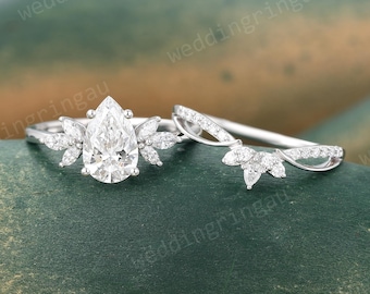 Pear Lab Grown Diamond Engagement Ring Set Vintage Solid 14K White Gold Moissanite Bridal Ring Set Diamond Wedding Ring Promise Ring Gift
