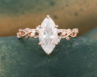 Marquise Cut Moissanite Engagement Ring Unique 14K Rose Gold Branch Leaf Diamond Wedding Ring Art Deco Nature Inspired Promise Ring Gift
