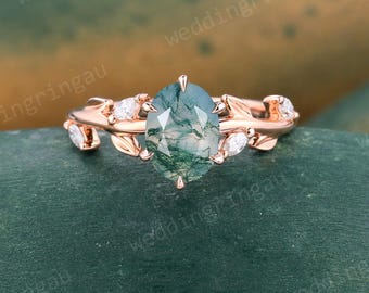 Leaf Oval Moss Agate Ring Unique Rose Gold Green Agate Engagement Ring Marquise Cut Diamond Wedding Branch Nature Inspired Ring Promise Ring