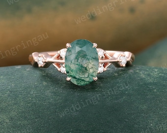Oval Cut Moss Agate Engagement Ring Vintage Unique Rose Gold Round Moissanite Ring Aquatic Agate Wedding Anniversary Ring Women Gift