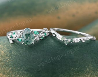 Pear shaped Moss agate engagement ring set Vintage White gold Emerald Leaf ring nature inspired ring bridal promise wedding ring set women