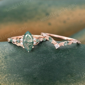 Marquise Moss agate Engagement ring set Unique Rose gold Half Eternity Moissanite ring Leaf Curved wedding band bridal promise ring set