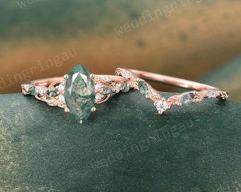 Marquise Moss agate Engagement ring set Unique Rose gold Half Eternity Moissanite ring Leaf Curved wedding band bridal promise ring set