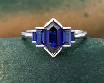 White Gold Blue Sapphire Ring Hexagon Cut Blue Sapphire Ring Engagement Ring Baguette Ring Bezel Set Ring Unique Bridal Anniversary Ring