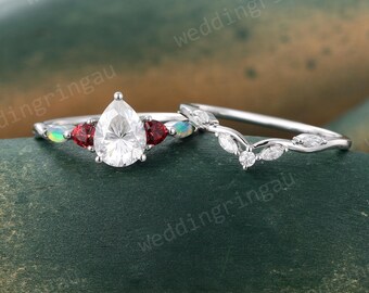 Pear Moissanite Engagement ring set Vintage white gold trillion cut garnet opal ring Marquise moissanite curved wedding band bridal ring set