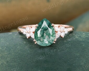 Pear Shaped Moss Agate Ring Vintage Rose Gold Engagement Ring Marquise Cut Moissanite Diamond Cluster Wedding Ring Anniversary Ring
