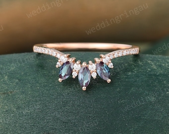 Marquise cut Alexandrite Curved wedding band Unique Rose gold wedding band Moissanite Pave ring Stacking matching band Anniversary ring
