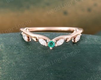 Emerald Curved Wedding band Unique Rose gold Moissanite Leaf Branch Band Marquise cut Diamond Ring Matching Stacking Band Promise Ring
