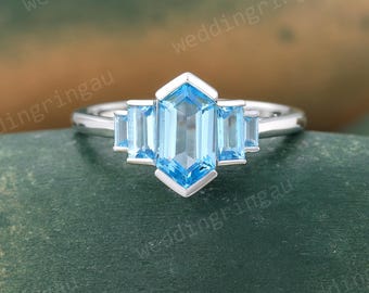 Vintage Hexagon Swiss Blue Topaz Engagement Ring Uniqu White Gold Ring Baguette Blue Topaz Ring Art Deco Bridal Wedding Anniversary Ring