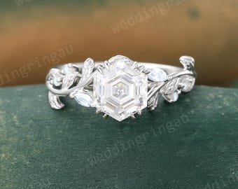 Hexagon Cut Moissanite Ring Vintage White Gold Leaf Twig Engagement Ring Marquise Moonstone Wedding Promise Ring Nature Inspired Ring Women