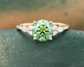 Round Green Moissanite Engagement Ring Vintage Yellow Gold Marquise Cut Diamond Wedding Promise Ring Women Art Deco Anniversary Gift