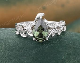 Teardrop Green Sapphire Ring Unique White Gold Engagement Ring Leaf Branch Ring Diamond Nature Inspired Ring Women Promise Ring Gift