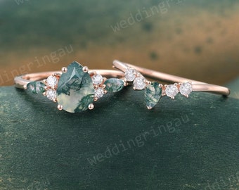 Pear shaped Moss agate Engagement ring set Vintage Rose gold green agate ring set Round cut Moissanite curved wedding ring Promise ring gift
