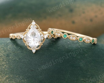Pear Moissanite engagement ring set Vintage yellow gold Halo Diamond Bridal set Half eternity Emerald wedding band Art deco Promise ring