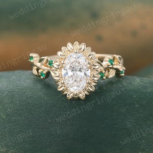 Floral Oval Moissanite Engagement Ring Unique Yellow Gold Branch Twig Emerald Ring Art Deco Bridal Nature Inspired Wedding Promise Ring