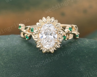 Floral Oval Moissanite Engagement Ring Unique Yellow Gold Branch Twig Emerald Ring Art Deco Bridal Nature Inspired Wedding Promise Ring