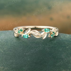 Marquise Cut Emerald Wedding Band Unique Yellow Gold Leaf Branch Wedding Ring Nature Inspired Stacking Ring May Birthstone Promise ring