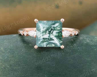Princess Cut Moss Agate Promise Ring Vintage Rose Gold Green Agate Engagement Ring Pear Cut Moissanite Diamond 7 Stone Wedding Ring Gift