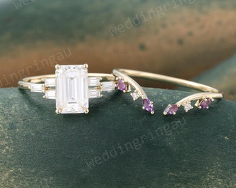 2 CT Moissanite Engagement ring set Vintage Yellow gold baguette cut Moissanite ring set marquise cut amethyst wedding ring promise ring