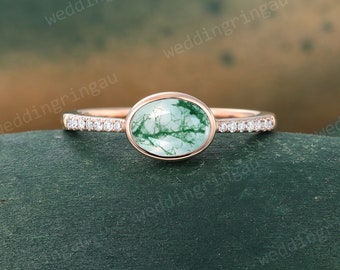 Oval cut Natural Moss agate engagement ring Unique Rose gold Moissanite ring Bezel set ring East to West ring Bridal wedding promise ring