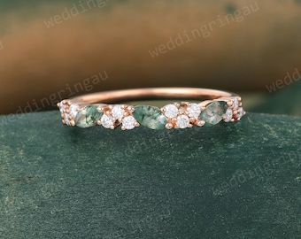 Marquise cut moss agate wedding band rose gold Round cut moissanite ring half eternity art deco stacking matching band promise Anniversary