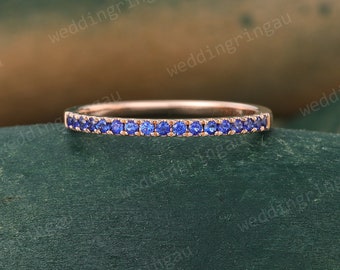 Blue sapphire wedding band rose gold Dainty Half eternity wedding ring micro pave ring Thin art deco stacking matching band promise ring