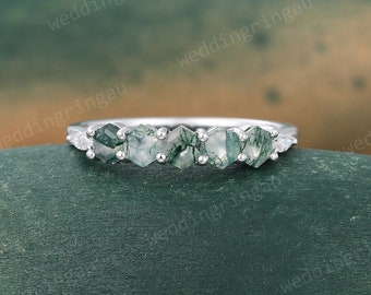 Hexagon cut Natural Moss agate wedding band White gold Marquise cut moissanite ring art deco stackable matching band Anniversary ring