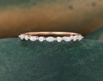 Marquise cut Moissanite wedding band Dainty rose gold Round cut ring half eternity art deco stacking matching band promise Anniversary ring