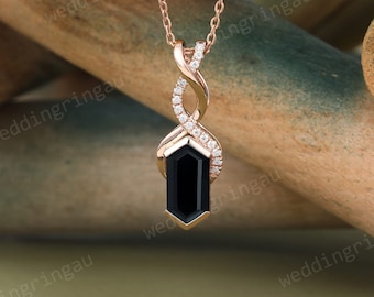 Hexagon cut Black onyx necklace Unique Rose gold knot necklace pendant for women Moissanite Pave pendant art deco anniversary gift mother