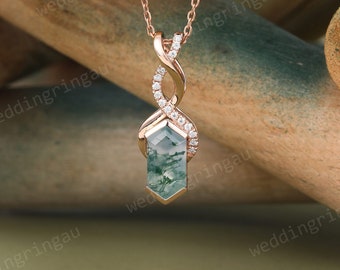 Green Moss agate Pendant Necklace Unique Rose gold Knot pendant for women Moissanite Necklace anniversary pendant Personalized Gift
