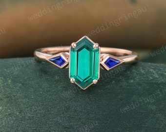 Hexagon cut Emerald engagement ring Unique Rose gold Kite cut Blue sapphire ring Three stone ring Vintage Birthstone ring anniversary ring