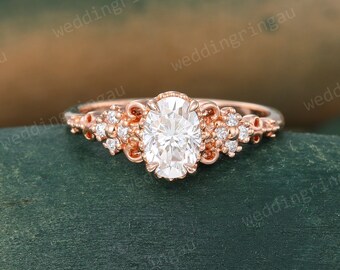 Art deco moissanite engagement ring Unique rose gold Oval cut moissanite ring Milgrain ring Antique bridal wedding anniversary promise ring