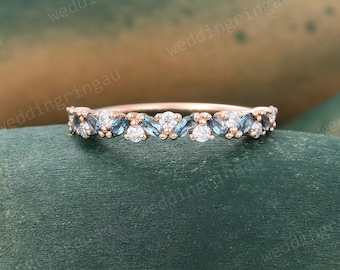 Marquise cut London blue topaz Wedding band Unique Rose gold Moissanite wedding band Half eternity ring Round cut diamond ring Bridal band