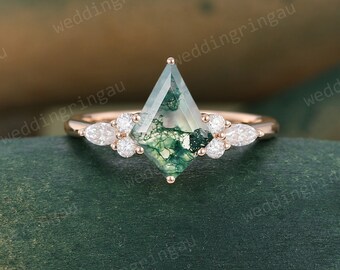 Kite cut Moss agate ring Unique rose gold engagement ring marquise cut Moissanite cluster ring 7 stone marriage ring bridal anniversary ring