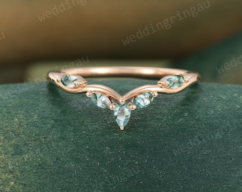 Green Moss agate wedding band Unique Vintage rose gold curved wedding band Nature inspired band art deco Stacking matching band Anniversary