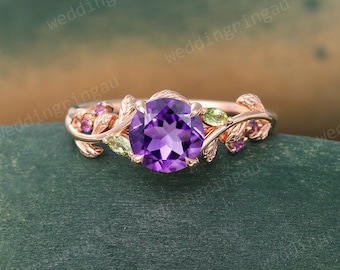 Round Purple Amethyst ring Vintage Rose gold engagement ring marquise cut peridot ring Nature inspired ring Leaf Branch ring Promise ring
