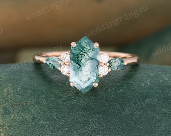 Hexagon cut Moss agate engagement ring Rose gold marquise cut ring Moissanite ring 7 stone marriage ring bridal anniversary ring for women