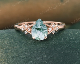Pear shaped Moss agate ring Vintage Rose gold teardrop gemstone engagement ring Round moissanite ring art deco Bridal wedding promise ring