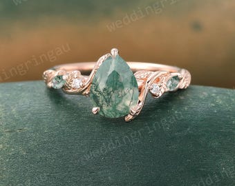 Pear shaped Moss agate engagement ring Unique Rose gold Branch Twig ring Diamond wedding ring Nature inspired ring teardrop moss agate ring