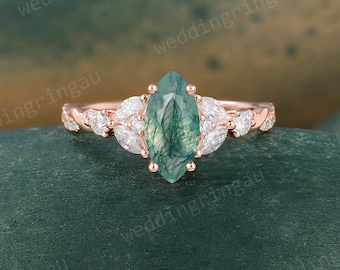 Marquise Cut Moss Agate Ring Rose Gold Green Agate Engagement Ring Moissanite Diamond Cluster Twisted Wedding Ring Bridal Promise Ring Gift