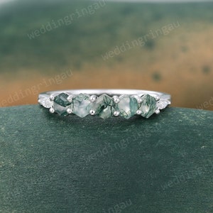 Hexagon cut Natural Moss agate wedding band White gold Marquise cut moissanite ring art deco stackable matching band Anniversary ring