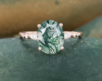 2CT Oval Moss Agate Engagement Ring Vintage Rose Gold Ring Pear Cut Moissanite Diamond 7 Stone Wedding Ring Anniversary Promise Ring