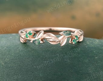 Nature Inspired Moss Agate Wedding Band Vintage Rose Gold Emerald Leaf Stacking Matching Band Branch Twig Ring Promise Anniversary Gifts