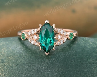Floral Marquise Cut Emerald Ring Unique Rose Gold Vintage Engagement Ring Nature Inspired Iris Ring Art Deco Moissanite Bridal Promise Ring