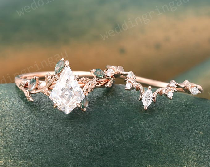 Featured listing image: Unique Kite Cut Moissanite Engagement Ring Set Vintage Rose Gold Moon Moissanite Curved Wedding Ring Set Bridal Promise Anniversary Ring