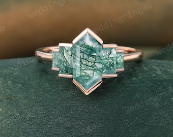 Hexagon Green Moss Agate Ring Unique Rose gold Engagement Ring Baguette Cut Ring Bezel Set Ring Vintage Bridal Wedding Anniversary Ring