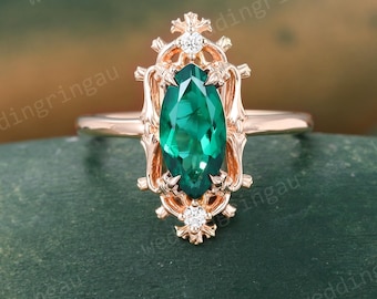 Marquise cut Emerald engagement ring Vintage Rose Gold ring Round cut moissanite ring May Birthstone ring Three stone ring anniversary ring