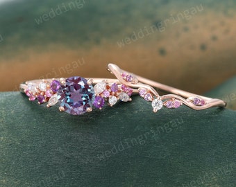 Alexandrite Engagement Ring Set Vintage Rose gold Bridal set Amethyst ring Pink sapphire Curved wedding ring Moissanite ring Promise ring