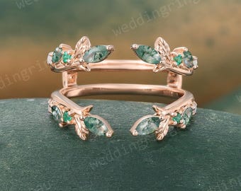 Moss Agate Double Enhancer Ring Unique Emerald Curved Wedding Band Rose Gold Leaf Design Ring Guard Stackable Nature Inspired Ring Women